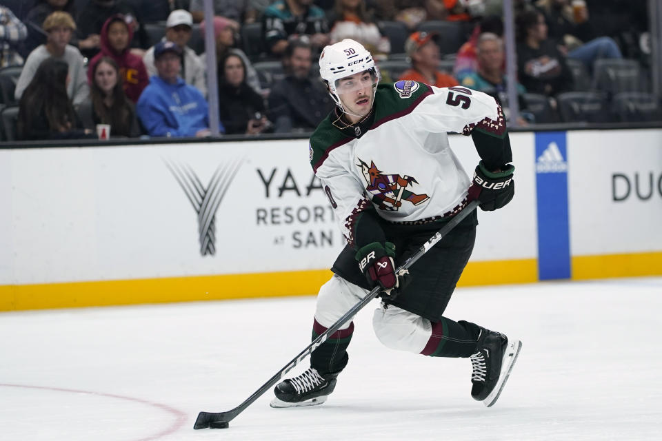 Arizona Coyotes defenseman Sean Durzi controls the puck during the first period of the team's NHL hockey game against the Anaheim Ducks on Wednesday, Nov. 1, 2023, in Anaheim, Calif. (AP Photo/Ryan Sun)