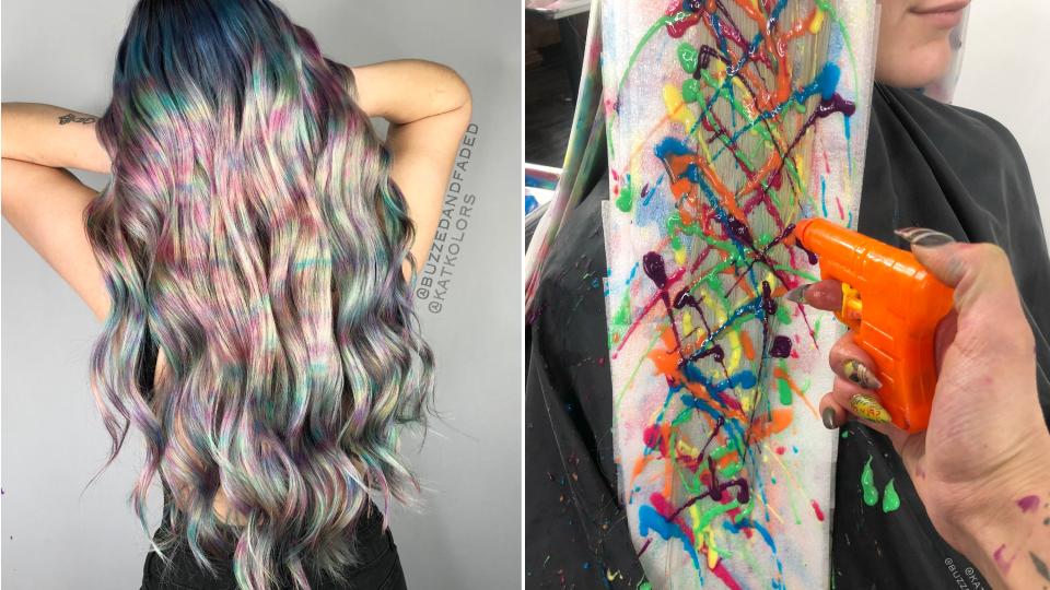 Andrew and Kat Collett, a husband-and-wife hairstylist duo, filled water guns with rainbow hair dye to create an unexpected hair-dyeing technique.