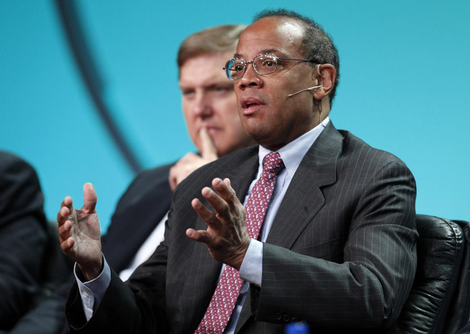 John Rogers Jr., Founder, Chairman and CEO, Ariel Investments, takes part in a panel discussion titled "U.S. Overview: Is the Recovery Sustainable?" at the Milken Institute Global Conference in Beverly Hills, California May 1, 2012. REUTERS/Danny Moloshok (UNITED STATES - Tags: BUSINESS)