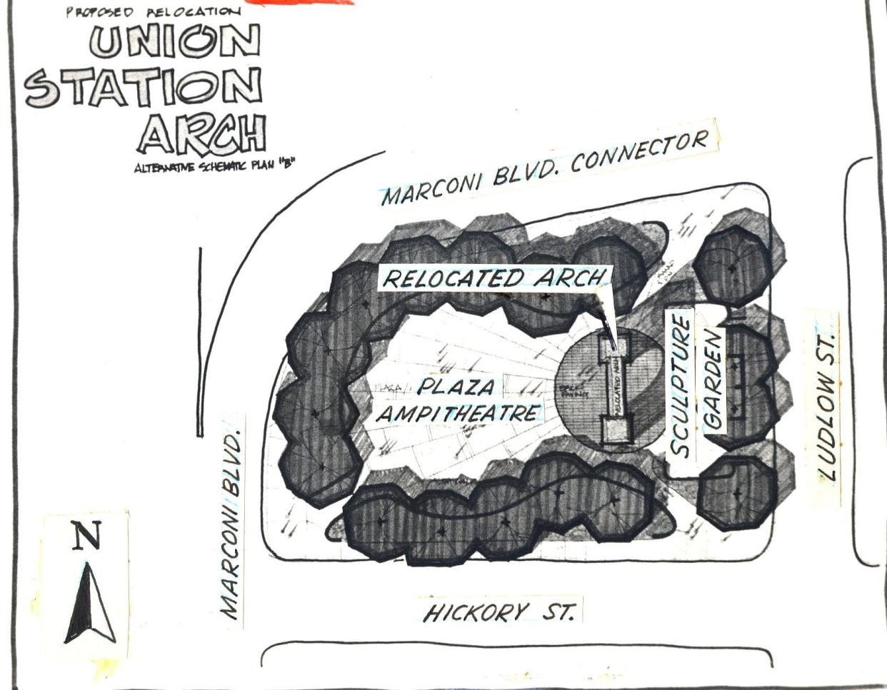 A file drawing shows the proposed relocation for Union Station Arch from a park located at Marconi and Ludlow that originally ran in the Dispatch in 1977.