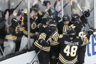 Fans and teammates celebrate after a goal by Boston Bruins defenseman Charlie McAvoy (73) during the second period of an NHL hockey game against the Carolina Hurricanes, Tuesday, April 9, 2024, in Boston. (AP Photo/Charles Krupa)