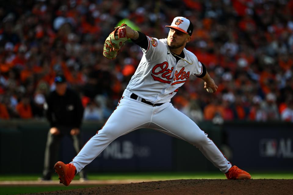 Baltimore Orioles relief pitcher DL Hall throws a pitch during the sixth inning against the Texas Rangers in Game 1 of the ALDS for the 2023 MLB playoffs at Oriole Park at Camden Yards on Oct 7, 2023.