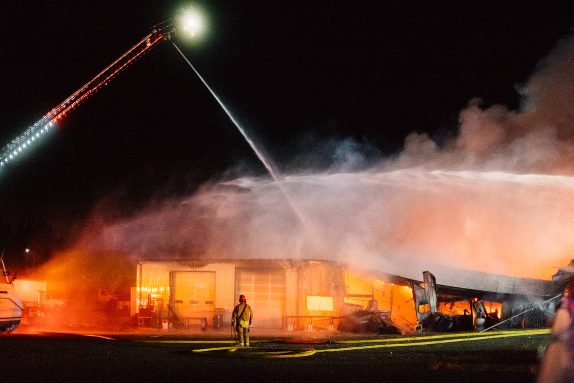 Fire burns early Sunday, July 17, at Bolton Tire Pros at 8165 Guide Meridian Road, Lynden.