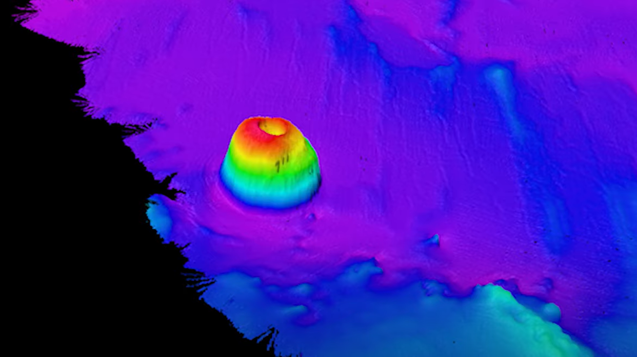  A multibeam sonar image shows the newly discovered undersea mountain with a crater that looks like a Bundt cake. 