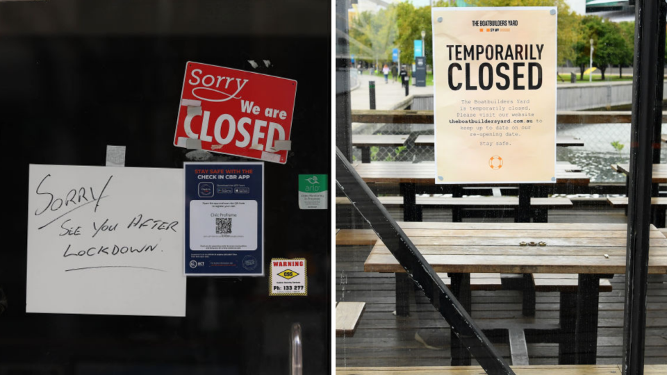 Image of 'CLOSED' signs on Victoria and ACT businesses