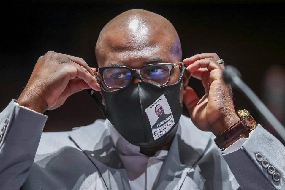 Philonise Floyd, a brother of George Floyd, arrives to testify before a House Judiciary Committee hearing on proposed changes to police practices and accountability on Capitol Hill, Wednesday, June 10, 2020, in Washington. (Michael Reynolds/Pool via AP)