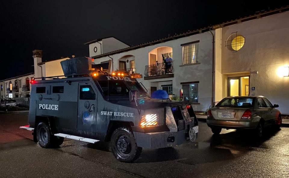 A SWAT vehicle sits outside the Cortina D’Arroyo Grande Apartments at 241 N. Courtland St. in Arroyo Grande after two people died in a shooting Wednesday afternoon, Jan. 31, 2024. David Middlecamp/dmiddlecamp@thetribunenews.com