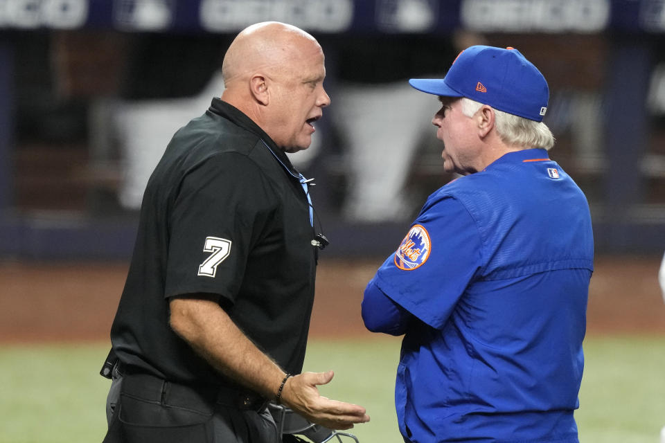 New York Mets manager Buck Showalter, right, argues a call with home plate umpire Brian O' Nora during the third inning of the team's baseball game against the Miami Marlins, Tuesday, Sept. 19, 2023, in Miami. (AP Photo/Lynne Sladky)