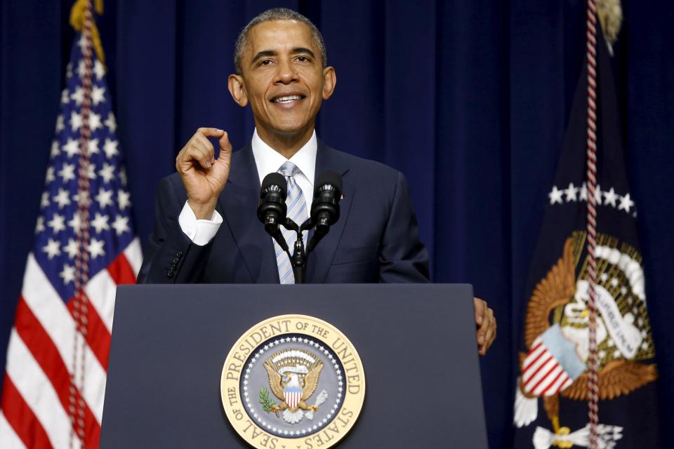 U.S. President Barack Obama delivers remarks on the fifth anniversary of the Affordable Care Act, commonly known as Obamacare, in the Eisenhower Executive Office Building on the White House campus in Washington March 25, 2015. REUTERS/Jonathan Ernst