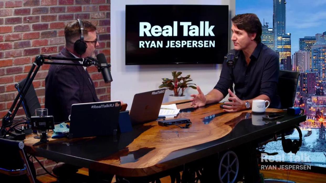 Prime Minister Justin Trudeau, right, participated in an interview with Ryan Jespersen, host of Real Talk, on Wednesday. During the interview, Trudeau was critical of the Alberta government's approach on climate issues while suggesting not all oil companies were looking out for oilsands workers. (Real Talk with Ryan Jespersen - image credit)