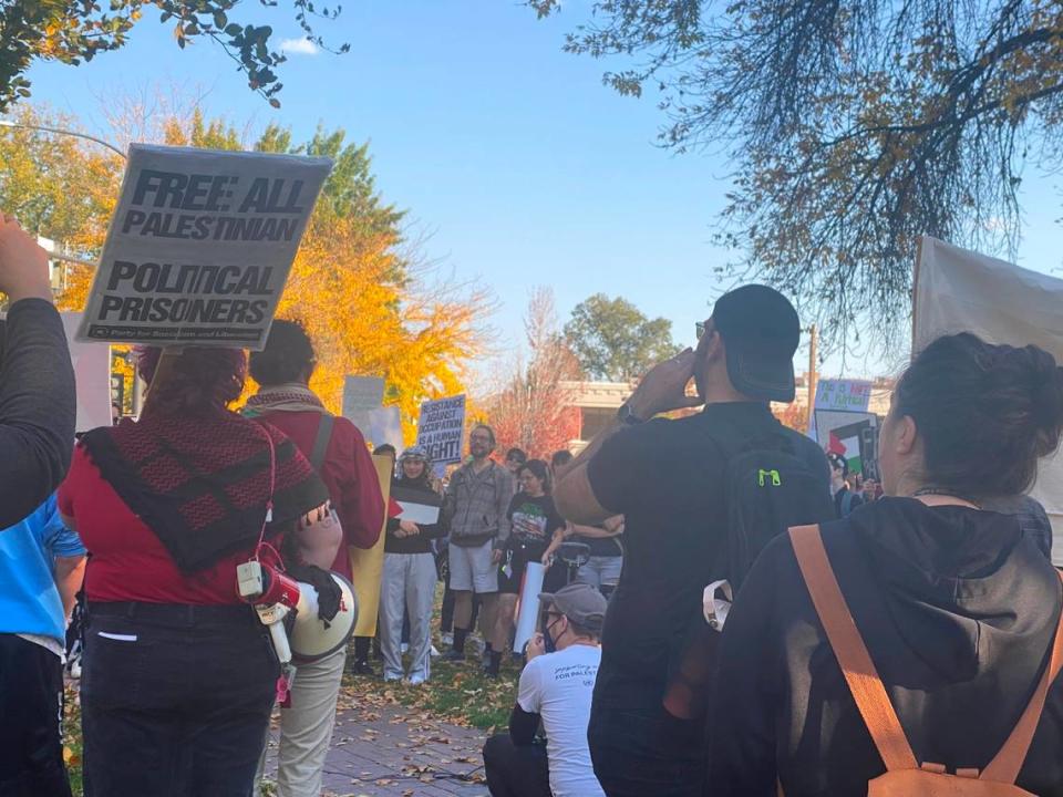 Nearly 100 people gathered on Oct. 21 at Cecil D. Andrus Park in downtown Boise in support of Palestinians