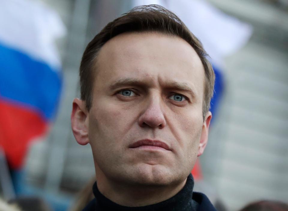 Russian opposition activist Alexei Navalny is pictured taking part in a march in memory of Boris Nemtsov in Moscow, Russia.