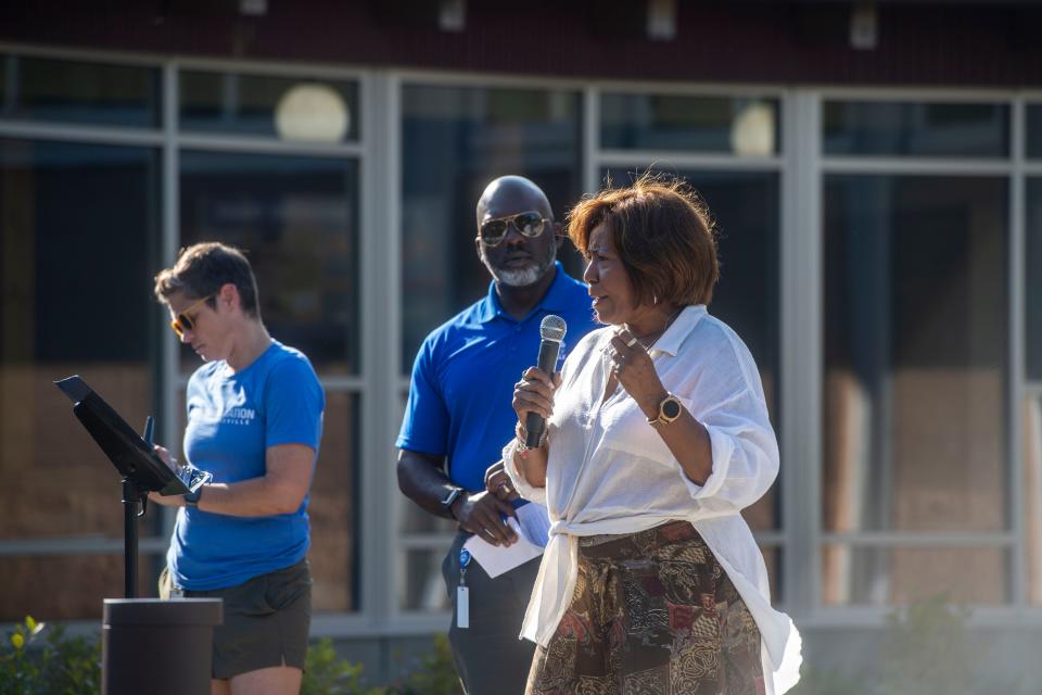 The Dr. Wesley Grant Sr. Southside Community Center expansions officially opened with a block party August 4, 2023. Vice Mayor Sandra Kilgore speaks to the crowd.