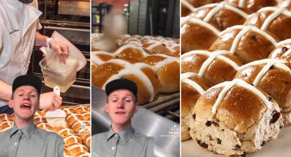 TikTok screenshots of Liam Kirley speaking to camera. Inset photo of hot cross buns