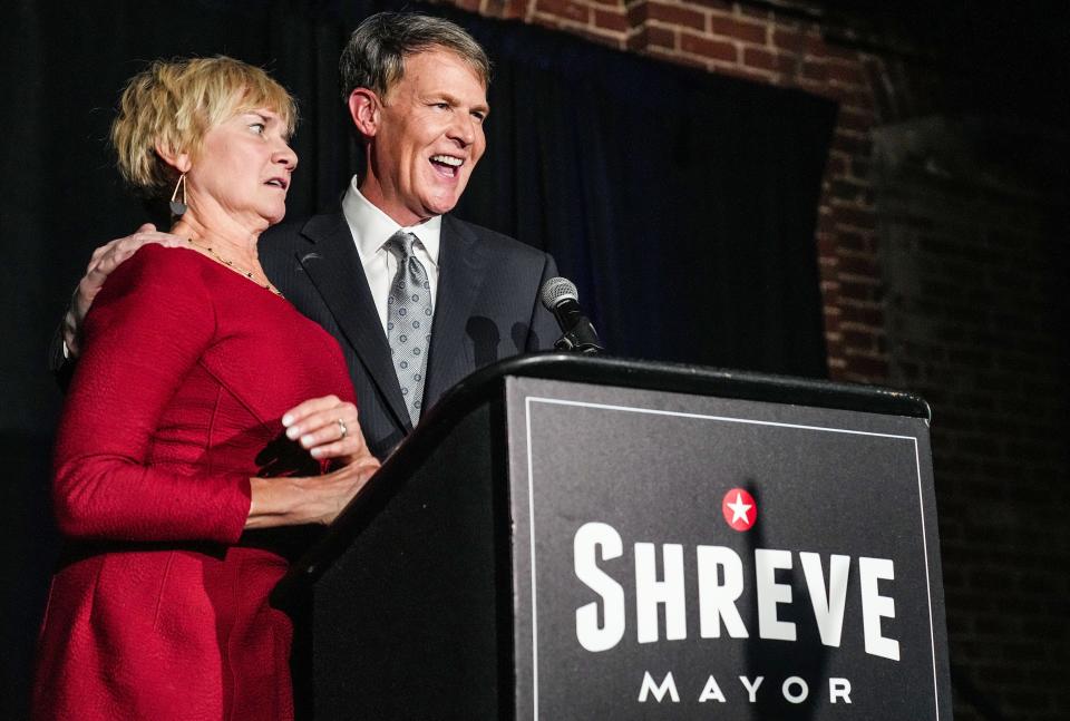 Mayoral candidate Jefferson Shreve gives a concession speech along side his wife Mary Shreve to a group of supporters on Tuesday, Nov. 7, 2023, during the Jefferson Shreve watch party at The Heirloom at NK Hurst in Indianapolis.
