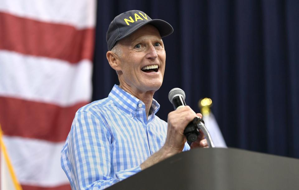 U.S. Senator Rick Scott (R-FL) and former Florida governor was one of the many speakers during Saturday's Sarasota County Republican Candidates annual "Pie Rally" held at Robarts Arena in Sarasota.