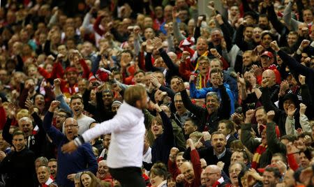 Britain Football Soccer - Liverpool v Villarreal - UEFA Europa League Semi Final Second Leg - Anfield, Liverpool, England - 5/5/16. Liverpool manager Juergen Klopp gestures to fans. Action Images via Reuters / Lee Smith