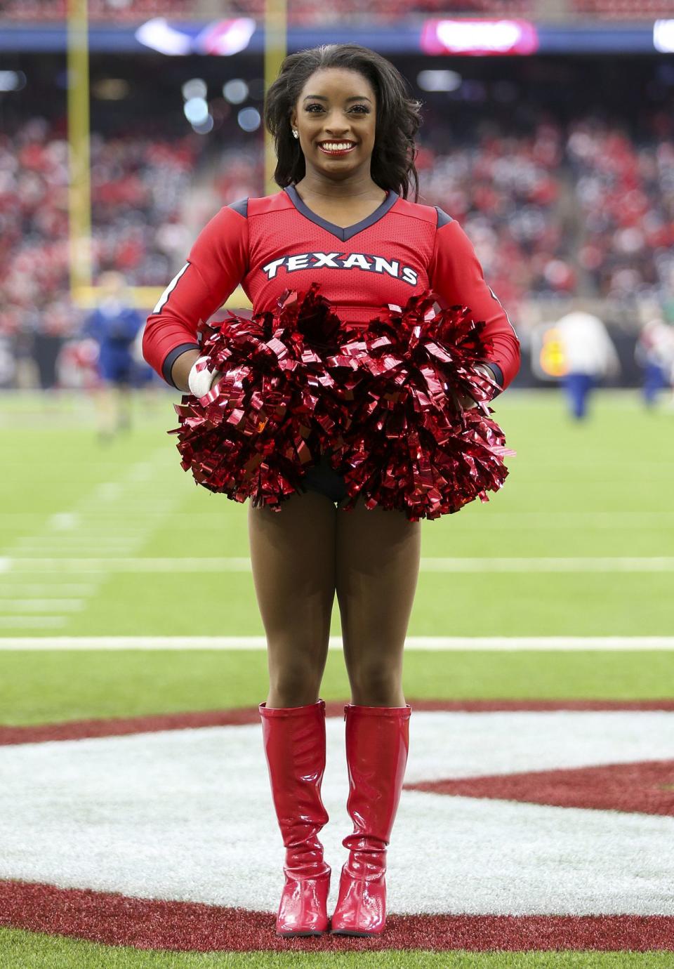 The Olympic gymnast strutted her stuff at NRG Stadium in Houston, Texas, on Sunday.