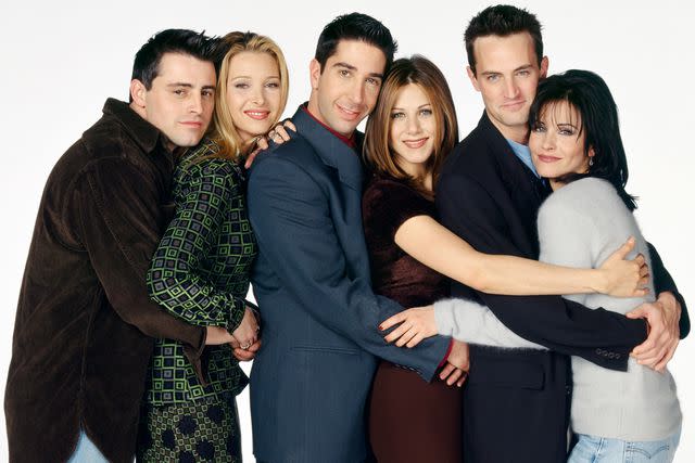 <p>NBCU Photo Bank/NBCUniversal via Getty</p> (l-r) Matt LeBlanc as Joey Tribbiani, Lisa Kudrow as Phoebe Buffay, David Schwimmer as Ross Geller, Jennifer Aniston as Rachel Green, Matthew Perry as Chandler Bing, Courteney Cox as Monica Geller