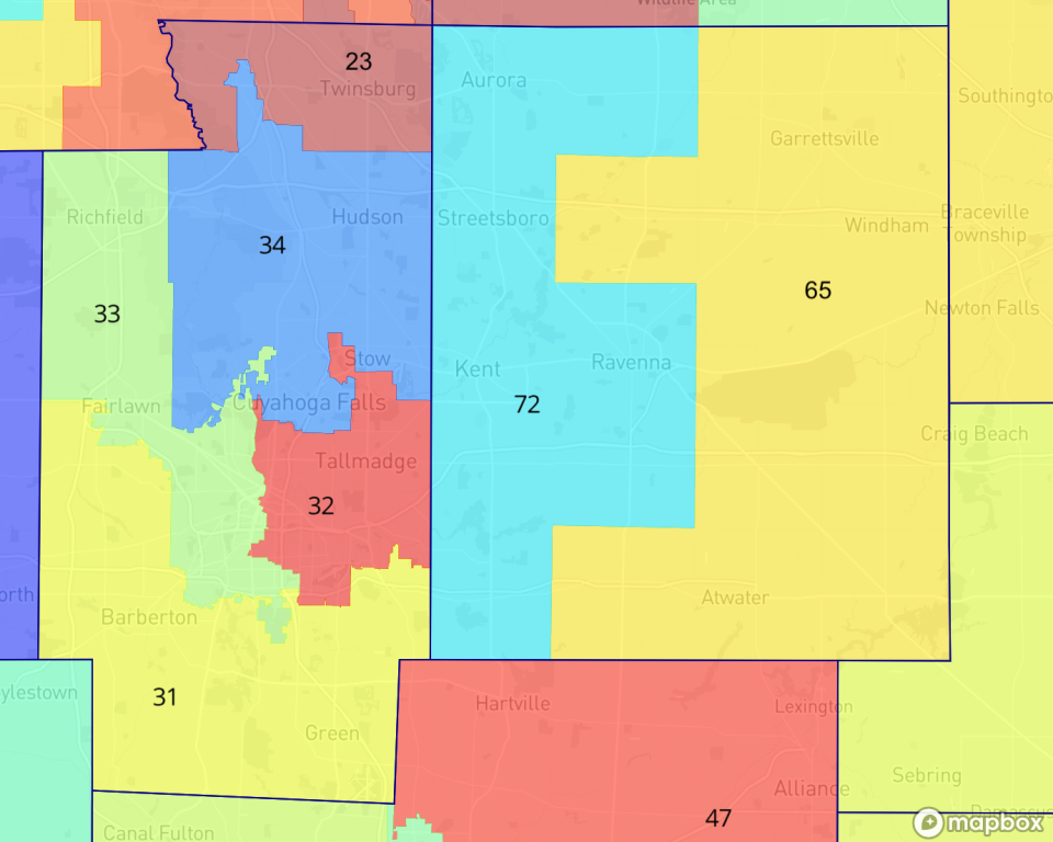 Democrat plan for House seats: This screenshot from Dave's Redistricting, an electoral mapping program that promotes civic engagement, shows the proposed boundaries of Ohio House districts for Summit and Portage counties under the Democrats' proposal.