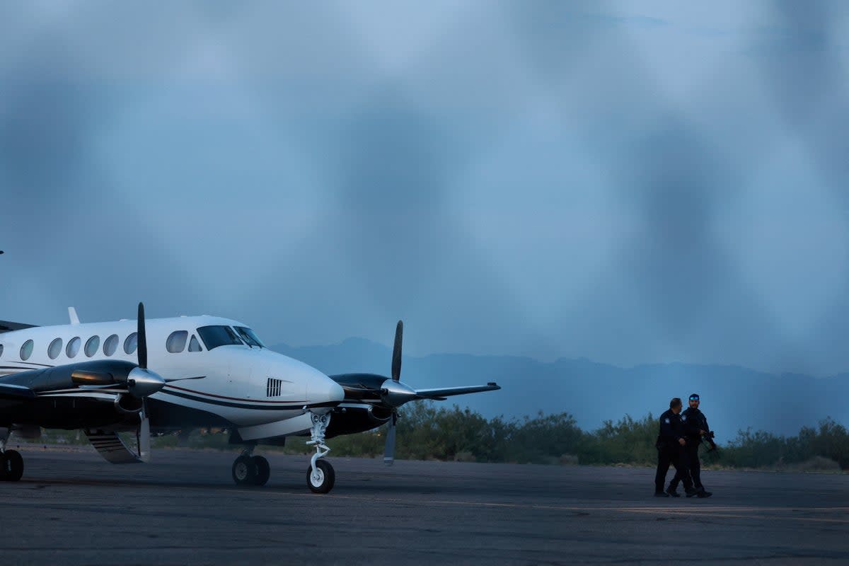 A plane carrying Mexican drug lord Ismael ‘El Mayo’ Zambada and Joaquin Guzman Lopez, the son of Zambada’s former partner, Joaquin ‘El Chapo’ Guzman, who were arrested in El Paso, Texas, is seen on the tarmac of the Dona Ana County private airport, in Santa Teresa, New Mexico on July 25 (REUTERS)