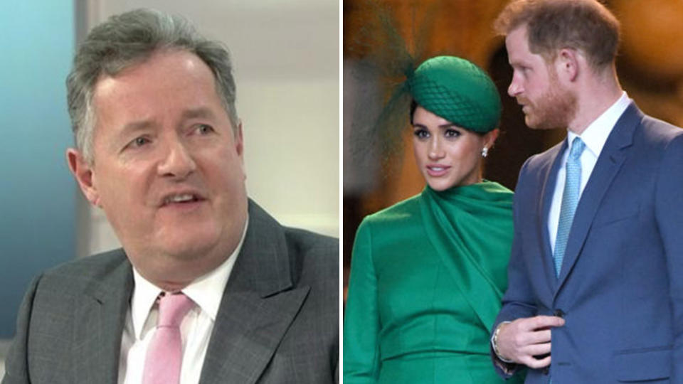 A composite image of Piers Morgan (left) and Meghan Markle and Prince Harry