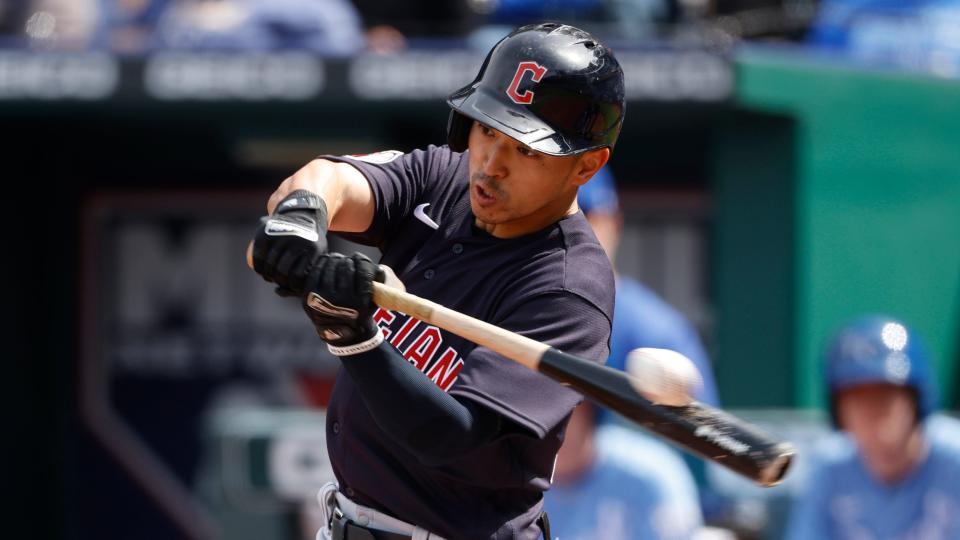 Guardians rookie outfielder Steven Kwan continued the torrid start to his career by reaching base three more times, including a three-run triple, during a 10-7 win over the Kansas City Royals on Monday. [Colin E. Braley/Associated Press]