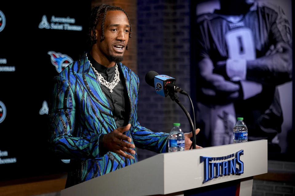 Tennessee Titans cornerback L'Jarius Sneed responds to questions from reporters at the NFL football team's training facility Tuesday, April 2, 2024, in Nashville, Tenn. Sneed was acquired by the Titans through a trade with the Kansas City Chiefs. (AP Photo/George Walker IV)