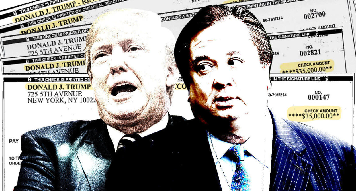 Donald Trump, George Conway and the checks Michael Cohen says were used to pay off Stormy Daniels. (Yahoo News photo Illustration; photos: AP, Getty Images)