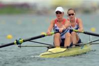 Great Britain's Helen Glover (R) and Heather Stanning compete in the women's pair final A to win the gold medal in the rowing event during the London 2012 Olympic Games, at Eton Dorney Rowing Centre in Eton, west of London