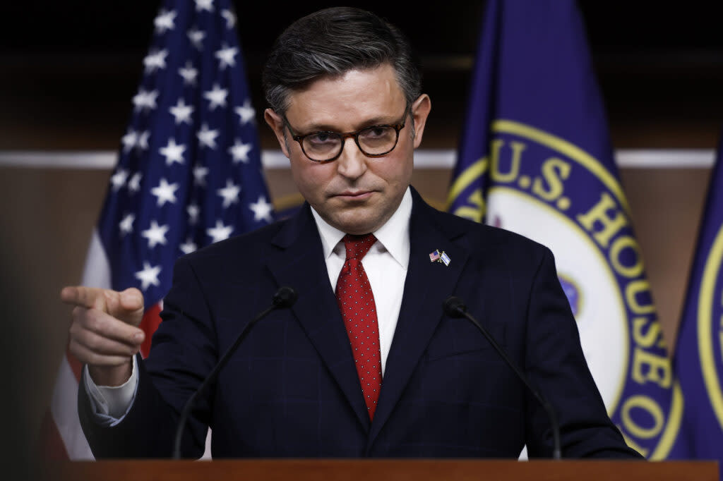 U.S. Speaker of the House Mike Johnson speaks during a news conference after a weekly House Republican Conference meeting in the U.S. Capitol Building on Nov. 14, 2023