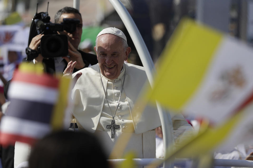 Pope Francis visits St. Peter's Parish, Friday, Nov. 22, 2019, outside Bangkok, Thailand. (AP Photo/Gregorio Borgia)