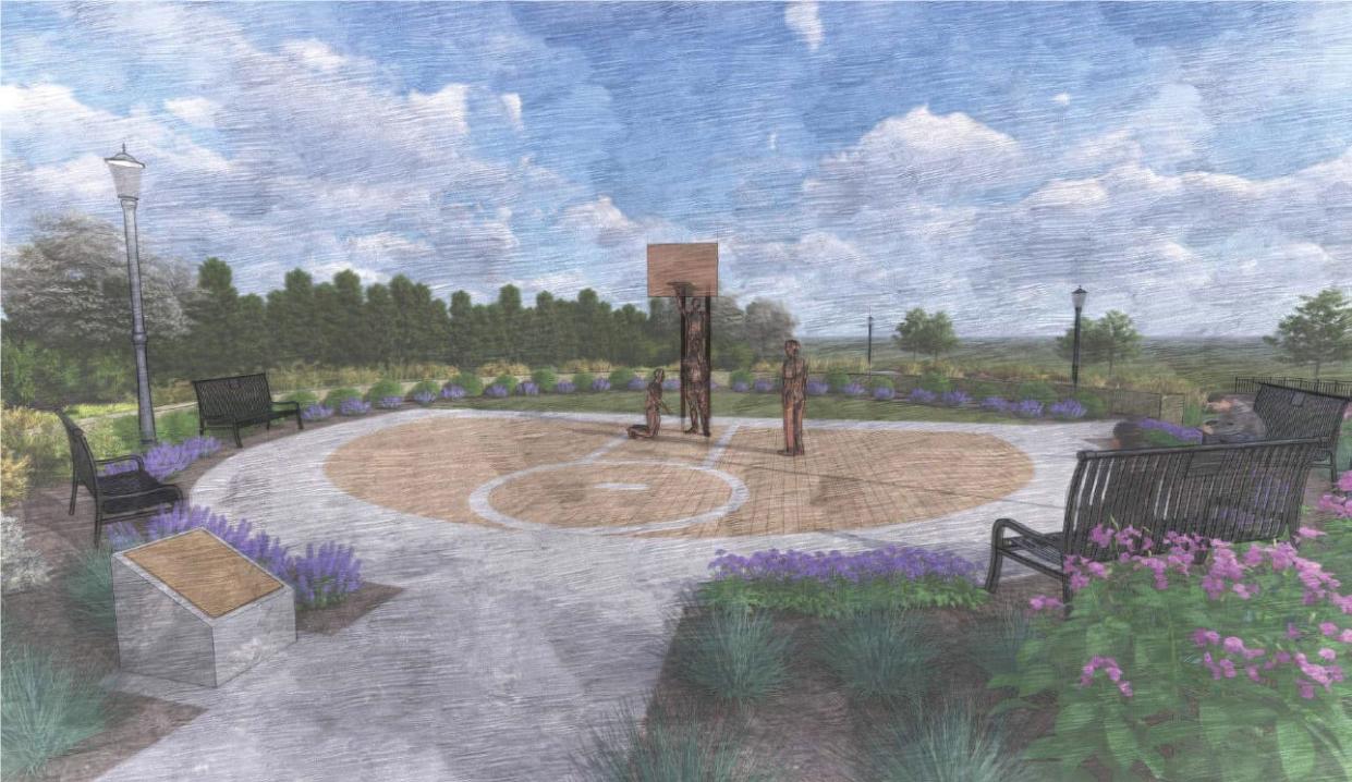 This rendering show what Marvin's Gardens, the featured sculpture in the gateway park for the Mishawaka Riverwalk at Lincoln Way East and Cedar Street, will look like. Marv Wood, legendary coach of the 1954 Milan High School basketball team that won the state championship, a story that was told in the motion picture "Hoosiers," later settled in Mishawaka and is being honored for his lifelong service to the city.