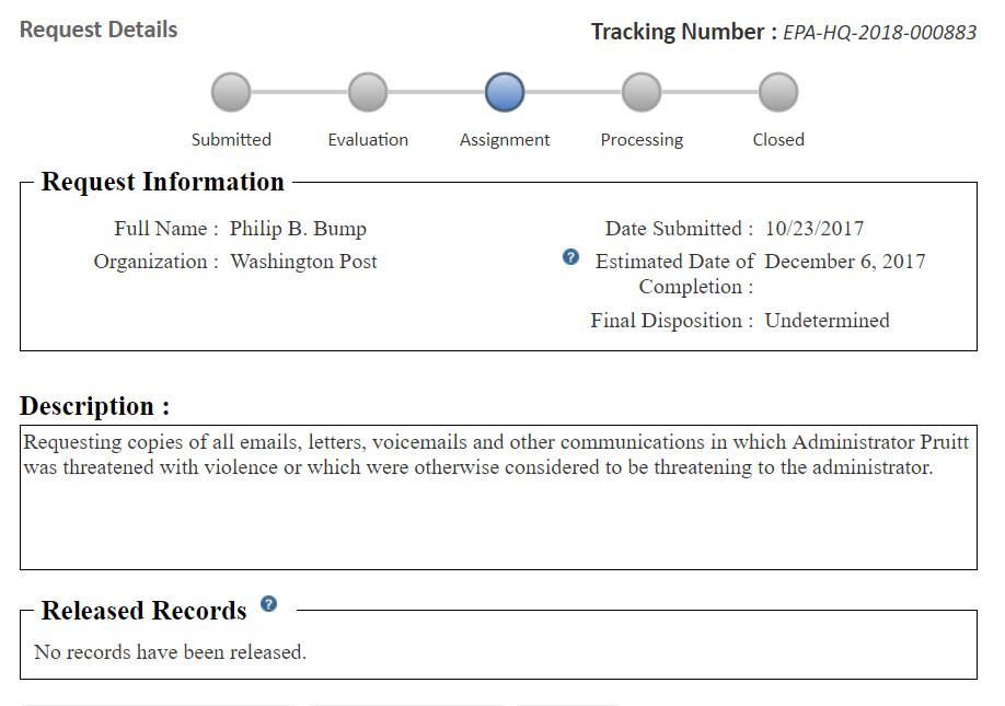 Washington Post request to the EPA on any information about death threats against Scott Pruitt. (Photo: FOIA Record)