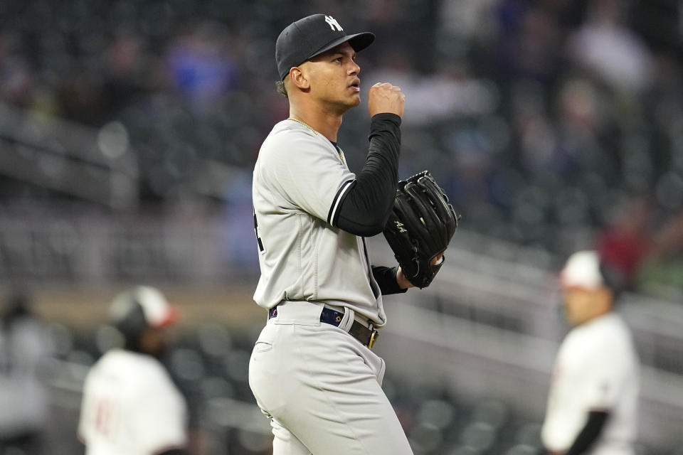 New York Yankees relief pitcher Albert Abreu reacts after getting into a jam during the sixth inning of a baseball game against the Minnesota Twins, Monday, April 24, 2023, in Minneapolis. (AP Photo/Abbie Parr)