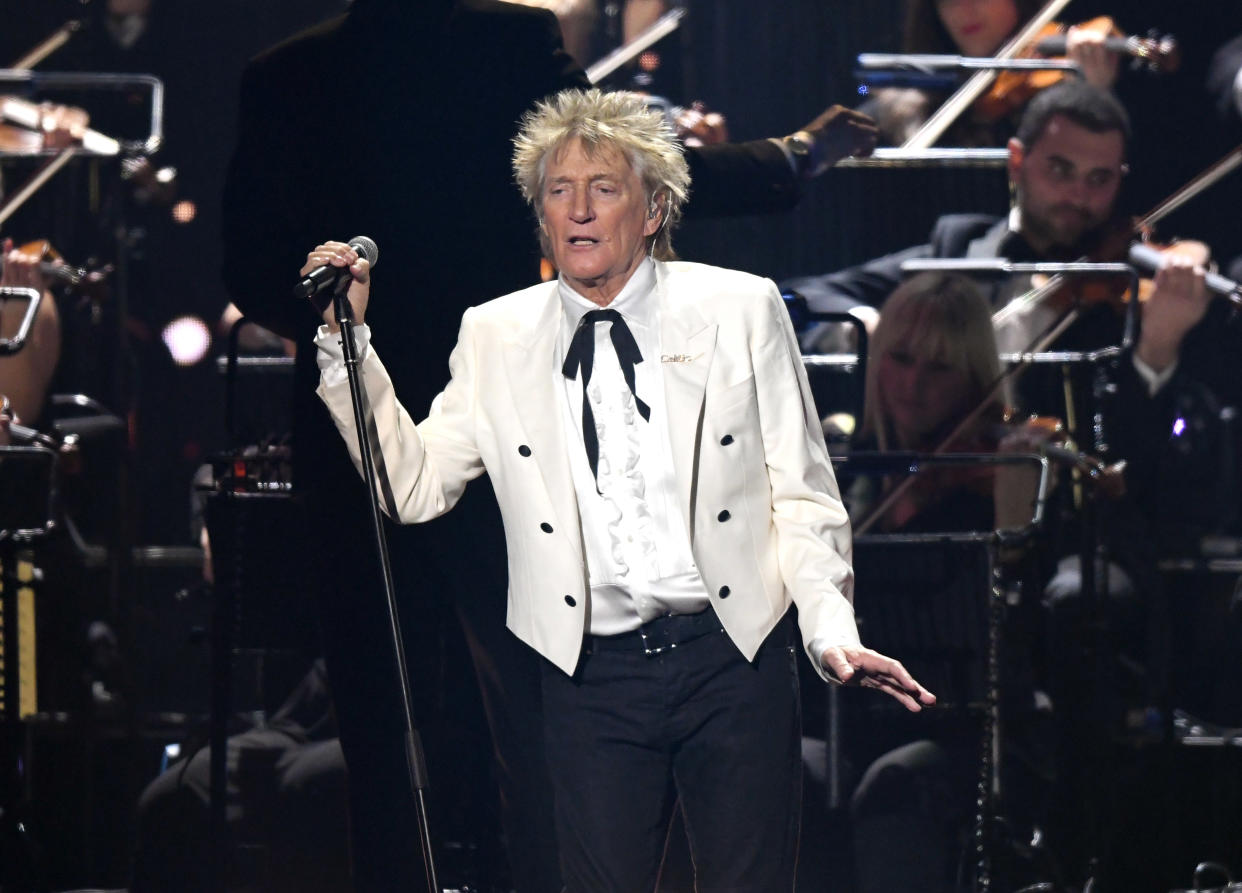 Rod Stewart performs during The BRIT Awards 2020 at The O2 Arena on February 18, 2020 in London, England. (Photo by Karwai Tang/WireImage)