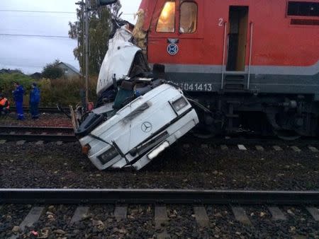 The wreckage of a passenger bus is seen after it was hit by a train at a crossing near the town of Pokrov, in Vladimir region, Russia October 6, 2017. Russian Interior Ministry/Handout via REUTERS