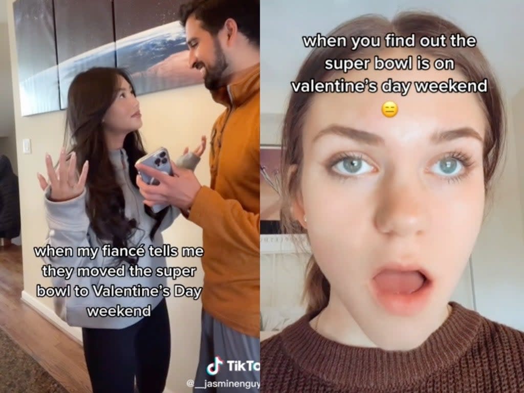 People are sharing their frustrations that the Super Bowl is on Valentine’s Day weekend (TikTok / @__jasminenguyen / @thechroniclesofrachel)