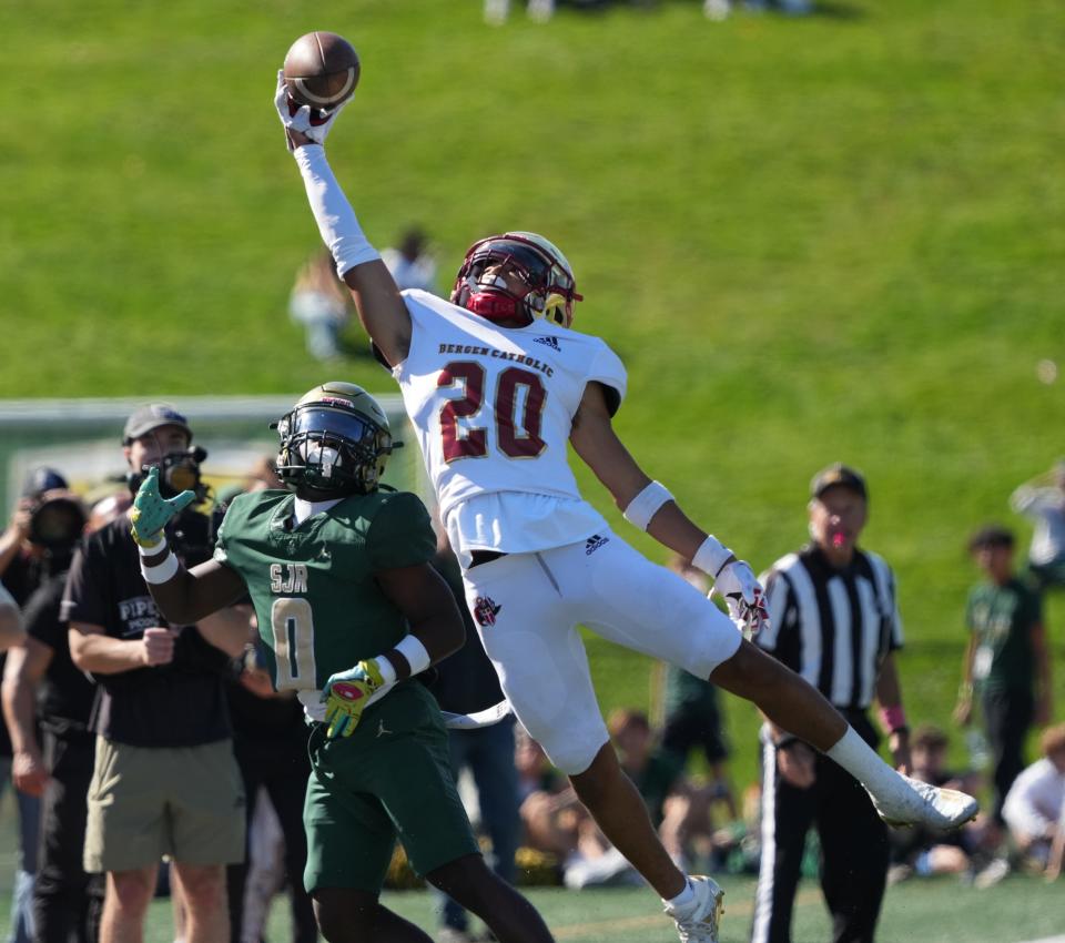 Naiim Parrish of Bergen Catholic intercepts a pass  in the second quarter as St. Joseph, No. 9 in the USA TODAY NETWORK New Jersey football Top 25, hosted No. 3 Bergen Catholic in Montvale, NJ on October 15, 2022.