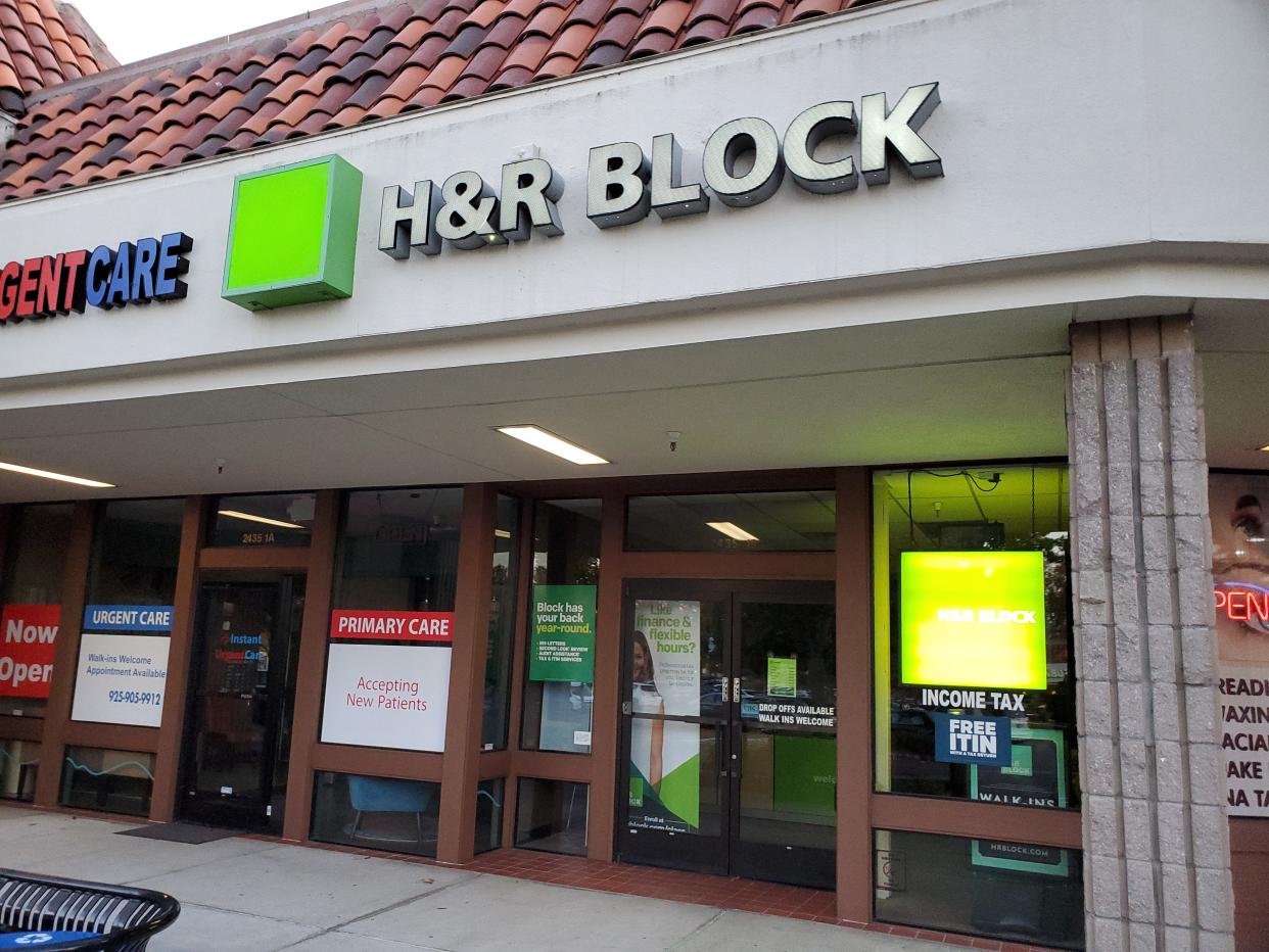 Facade of branch of HR Block tax preparation and accounting company, San Ramon, California, November 3, 2019. (Photo by Smith Collection/Gado/Getty Images)