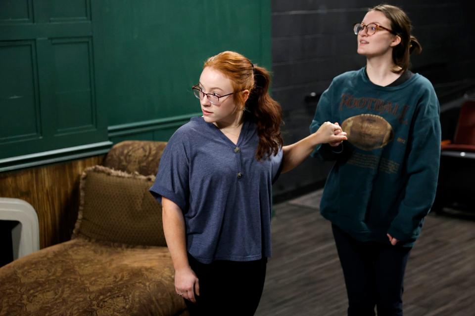 Jacey Nichole, left, and Bell Reeves rehearse for Oklahoma Shakespeare in the Park's production of "Twelfth Night" in Oklahoma City, Monday, Feb. 12, 2024.