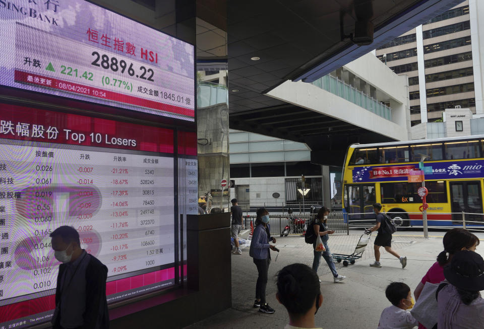 People walk past a bank's electronic board showing the Hong Kong share index in Hong Kong Thursday, April 8, 2021. Shares were mostly higher in Asia on Thursday after a mixed close on Wall Street, where gains for several Big Tech stocks nudged the S&P 500 to a second record high in three days.(AP Photo/Vincent Yu)