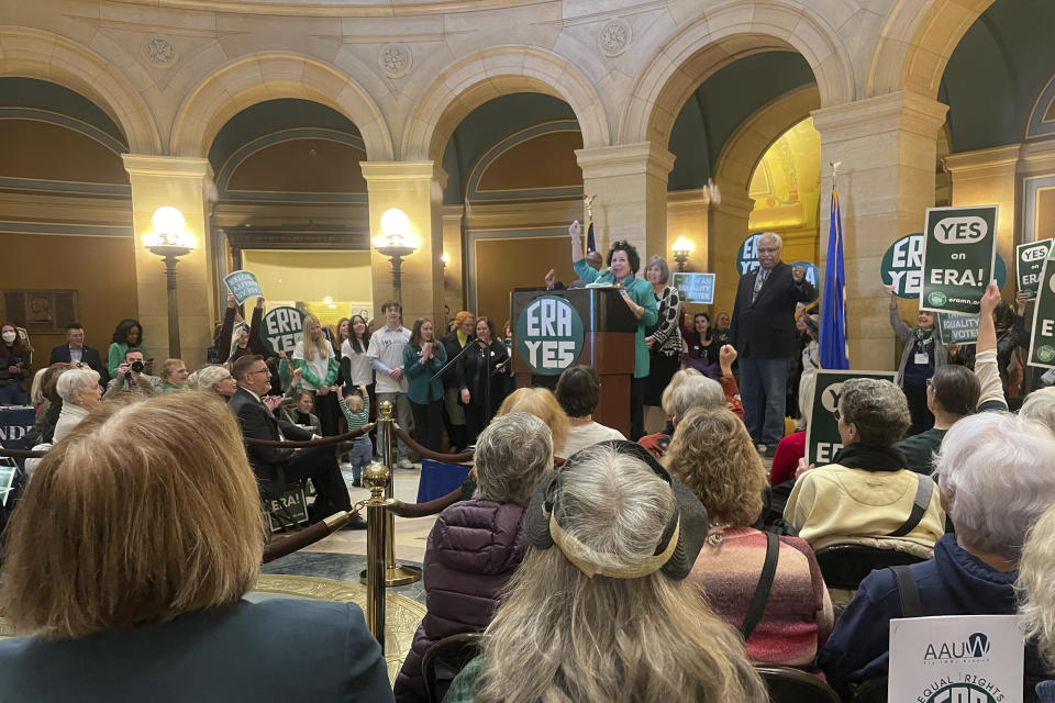 Minnesota Democratic Sen. Mary Kunesh chants, "ERA! ERA!" with hundreds of people at a rally in support of the state's Equal Rights Amendment legislation in the state's capitol building in St. Paul, Minnesota, on Feb. 12, 2024, the first day of Minnesota's legislative session for the year. If passed by the state Legislature and then by Minnesotans in a statewide ballot vote, an ERA to the state constitution would further protect abortion rights, as well as gender identity and expression, in the state. (AP Photo/Trisha Ahmed)