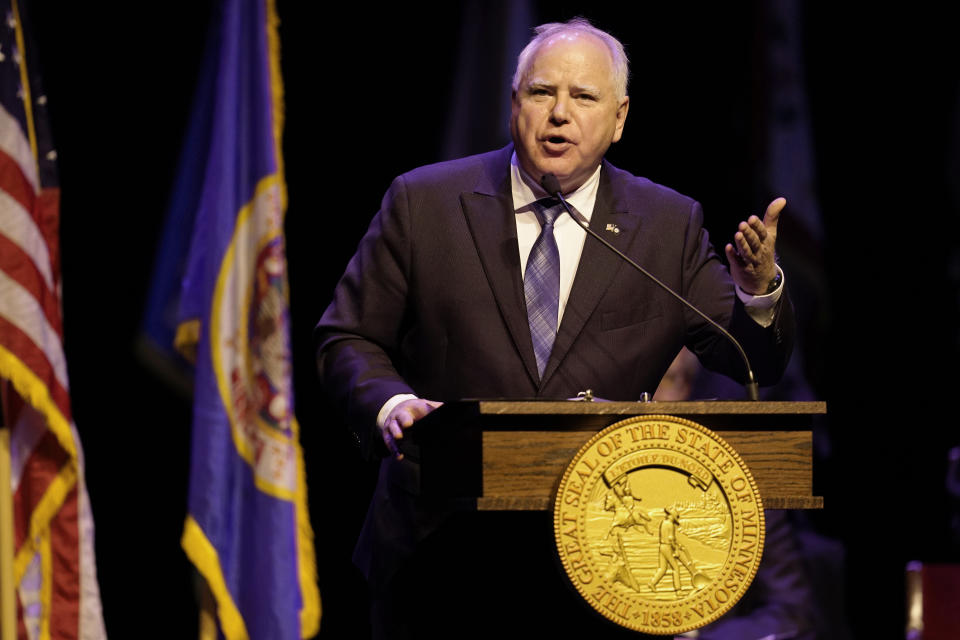 Minnesota Gov. Tim Walz delivers a speech after being sworn in for his second term during his inauguration, Monday, Jan. 2, 2023, in St. Paul, Minn. (AP Photo/Abbie Parr)
