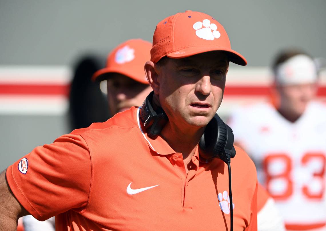 Clemson Tigers head coach Dabo Swinney looks on prior to a game against the North Carolina State Wolfpack at Carter-Finley Stadium on Oct 28, 2023 in Raleigh, NC.