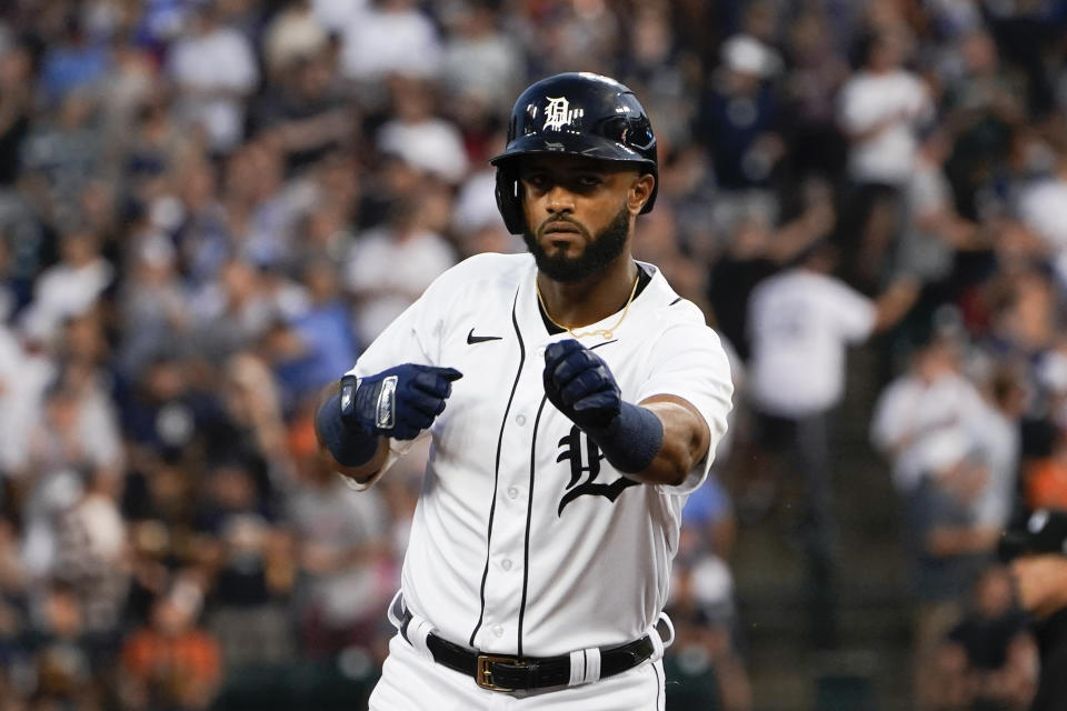 Detroit Tigers Willi Castro reacts to hitting a solo home run in the fifth inning of a baseball game against the Los Angeles Angels in Detroit, Wednesday, Aug. 18, 2021. (AP Photo/Paul Sancya)