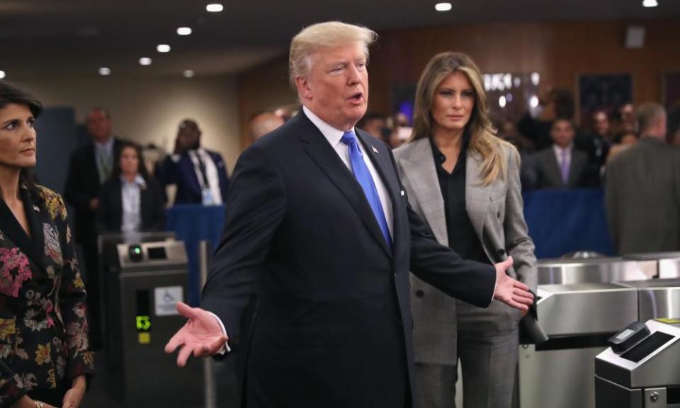 Trump arrives at the UN with first lady Melania. Nikki Haley, the US ambassador, is on the left.