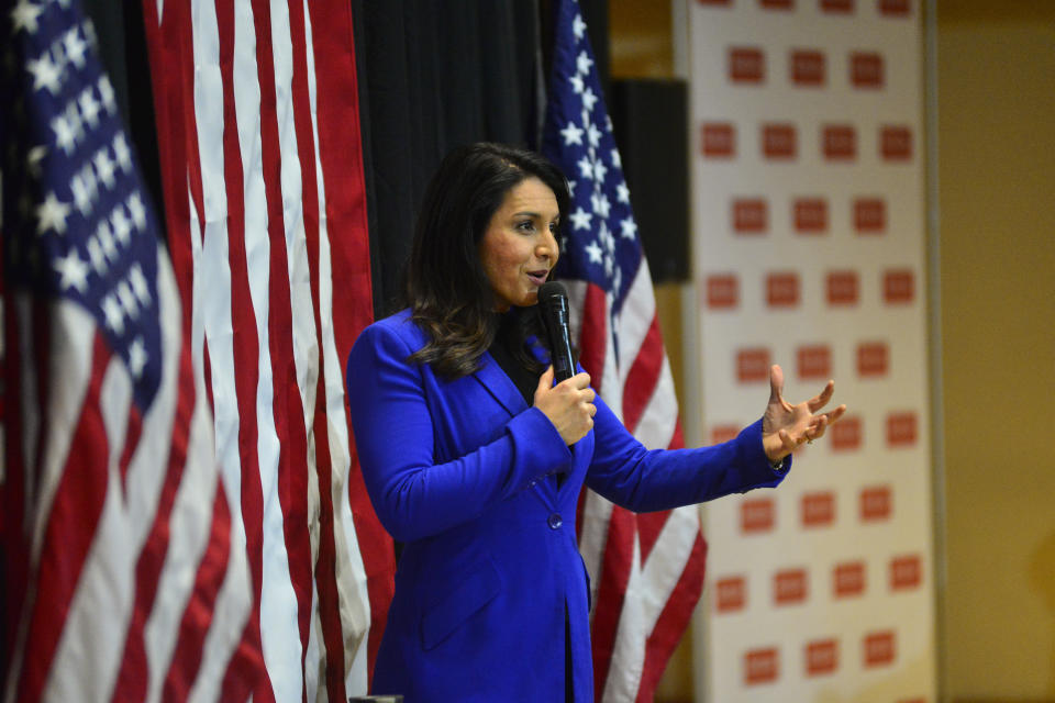 Democratic presidential candidate Rep. Tulsi Gabbard, D-Hawaii, holds a town hall at Keene State College, in Keene, N.H., on Wednesday, Feb. 5, 2020. (Kristopher Radder/Brattleboro Reformer via AP)