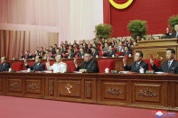 In this photo provided by the North Korean government, North Korean leader Kim Jong Un, center, attends the ruling party congress in Pyongyang, North Korean, Sunday, Jan. 10, 2021. Kim was given a new title, “general secretary” of the ruling Workers’ Party, formerly held by his late father and grandfather, state media reported Monday, Jan. 11, in what appears to a symbolic move aimed at bolstering his authority amid growing economic challenges. Independent journalists were not given access to cover the event depicted in this image distributed by the North Korean government. The content of this image is as provided and cannot be independently verified. Korean language watermark on image as provided by source reads: "KCNA" which is the abbreviation for Korean Central News Agency. (Korean Central News Agency/Korea News Service via AP)