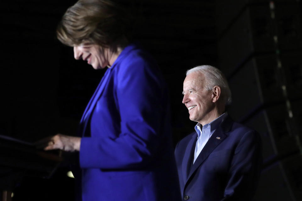 Sen. Amy Klobuchar, D-Minn., endorses Democratic presidential candidate former Vice President Joe Biden at a campaign rally Monday, March 2, 2020 in Dallas. (AP Photo/Eric Gay)